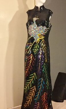 Charisma Black Sequin Dress with Multicolor Peacock Design